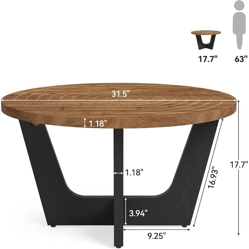 31.5" Round Solid Wood Coffee Table with Ring Groove, Living Room, Small Space, Brown & Black