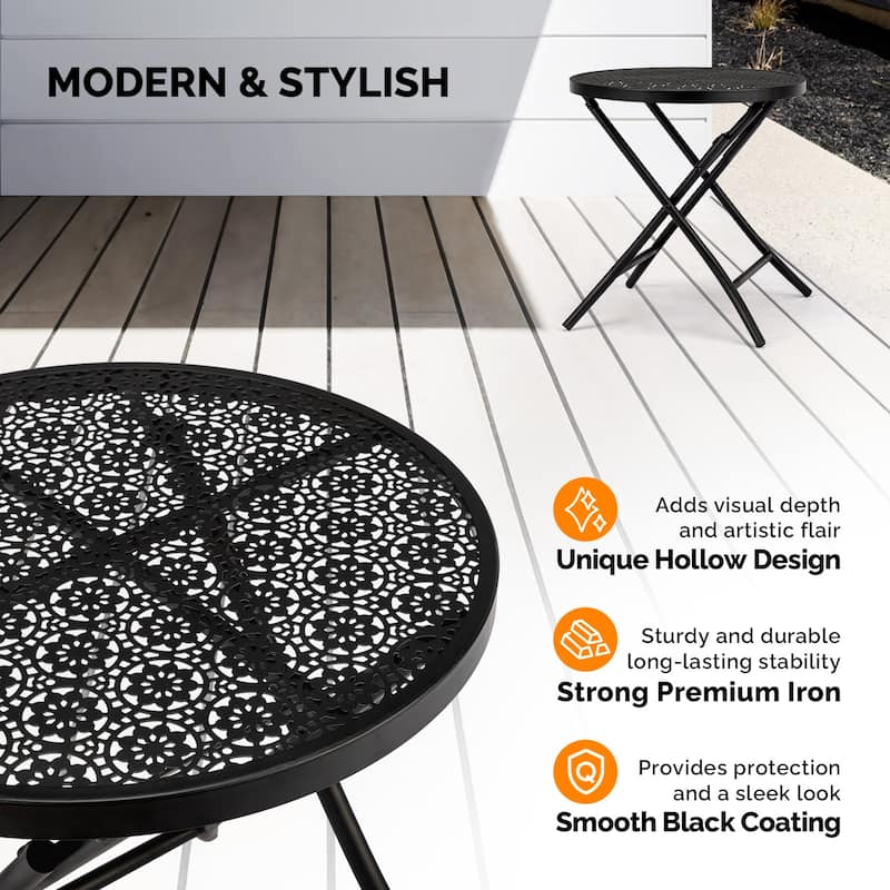 Black Iron Folding Patio Side Table with Flower Cutout Design - 18.1 x 18.1 x 18.7 in