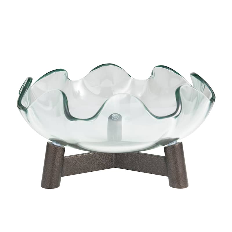 Clear Glass Floral Inspired Serving Bowl with Bronze Hammered Y-Shaped Stand