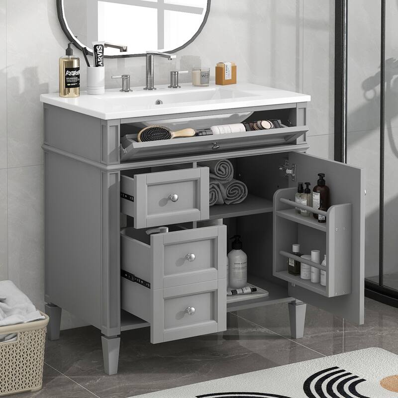 Bathroom Vanity Cabinet with Door Rack, Drawers of Different Sizes, Metal Textured Knobs, Roman Leg Design and Adjustable Shelf
