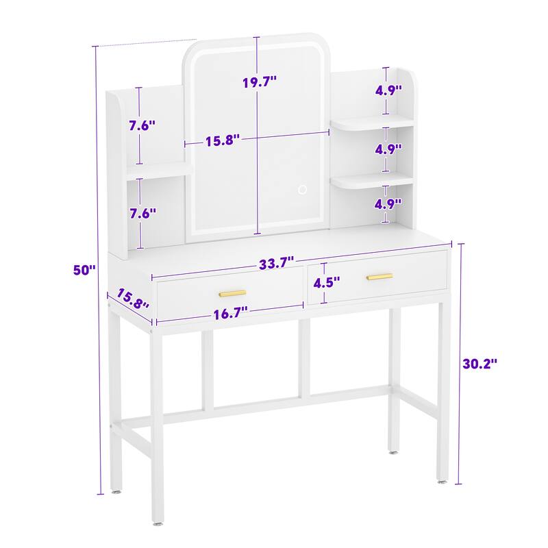 Modern Vanity Desk with LED Mirror, Makeup Table with Storage Drawers and Shelves - N/A