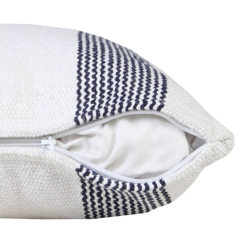 20" White and Blue Pinstripe Bordered Square Throw Pillow