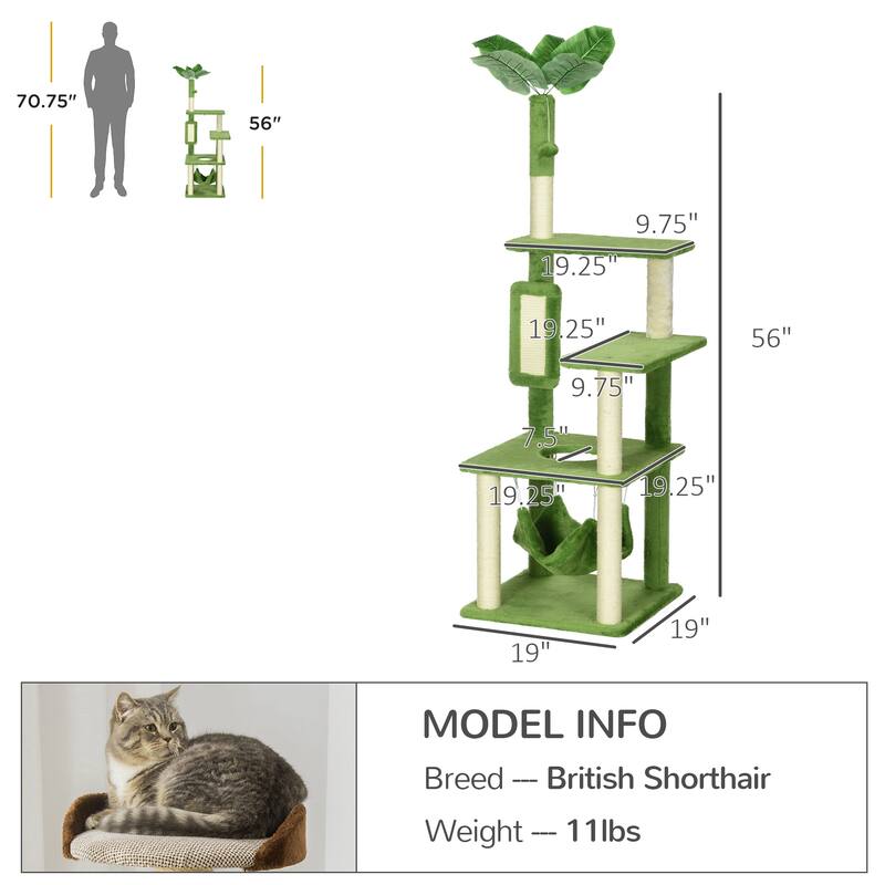 PawHut 56" Multi-Level Cat Tree, Cat tower with Scratching Post, Hammock, Platforms, Play Ball & Anti-Tipping Device