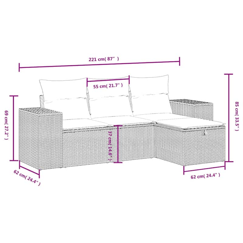 vidaXL Patio Sofa Set with Cushions Outdoor Furniture 4 Piece Poly Rattan - 21.7" x 24.4" x 27.2"