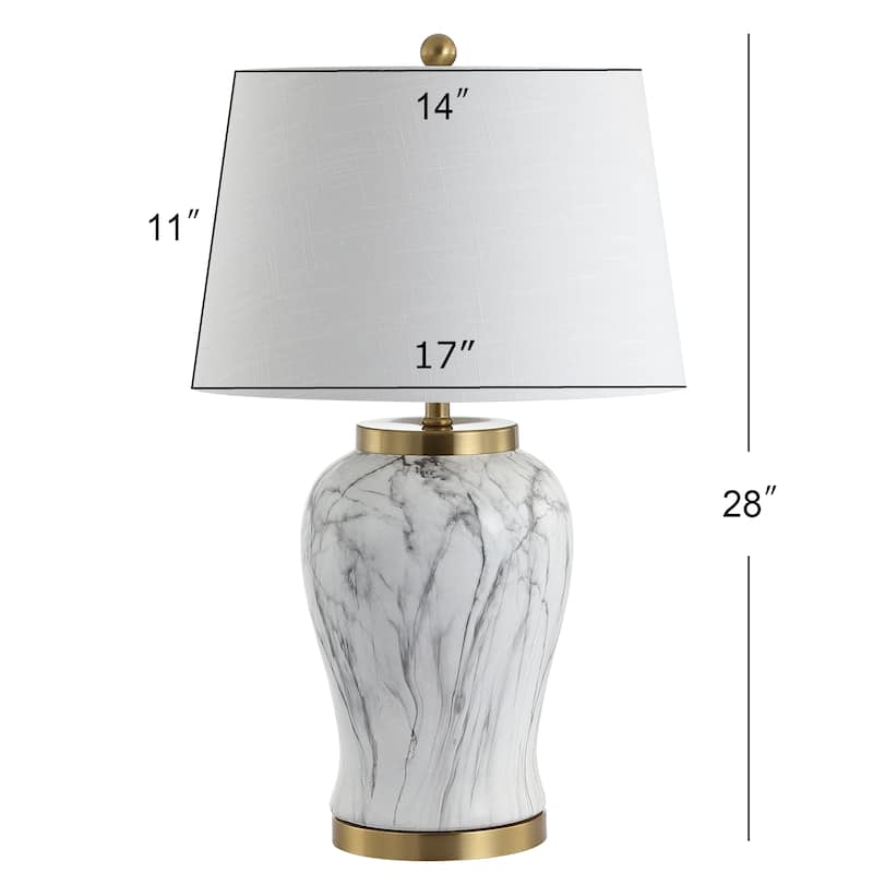 Tucker 28" Ceramic Marble LED Table Lamp, White/Gold by JONATHAN Y