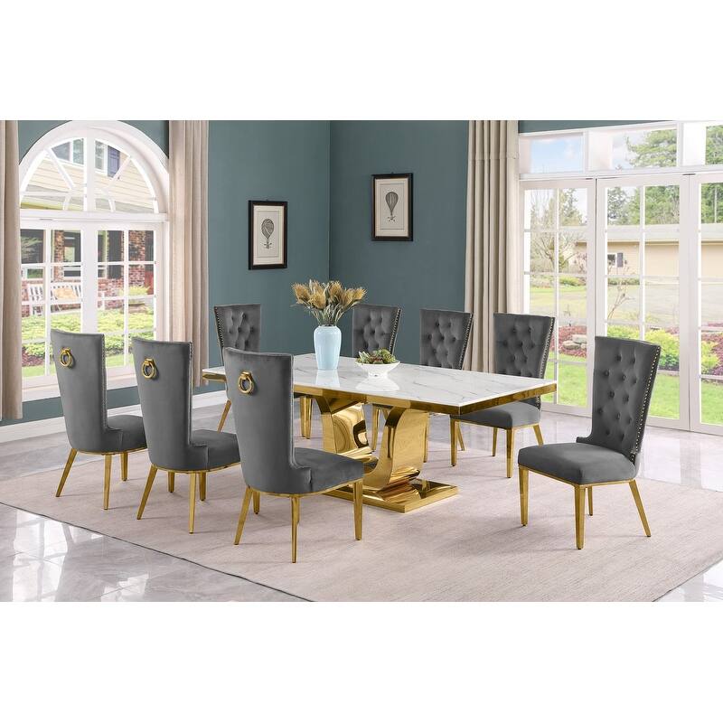 Best Quality Furniture D321-SC334-7 Dining Set with 78" White Marble Top - 9-Piece - Dark Grey / Gold