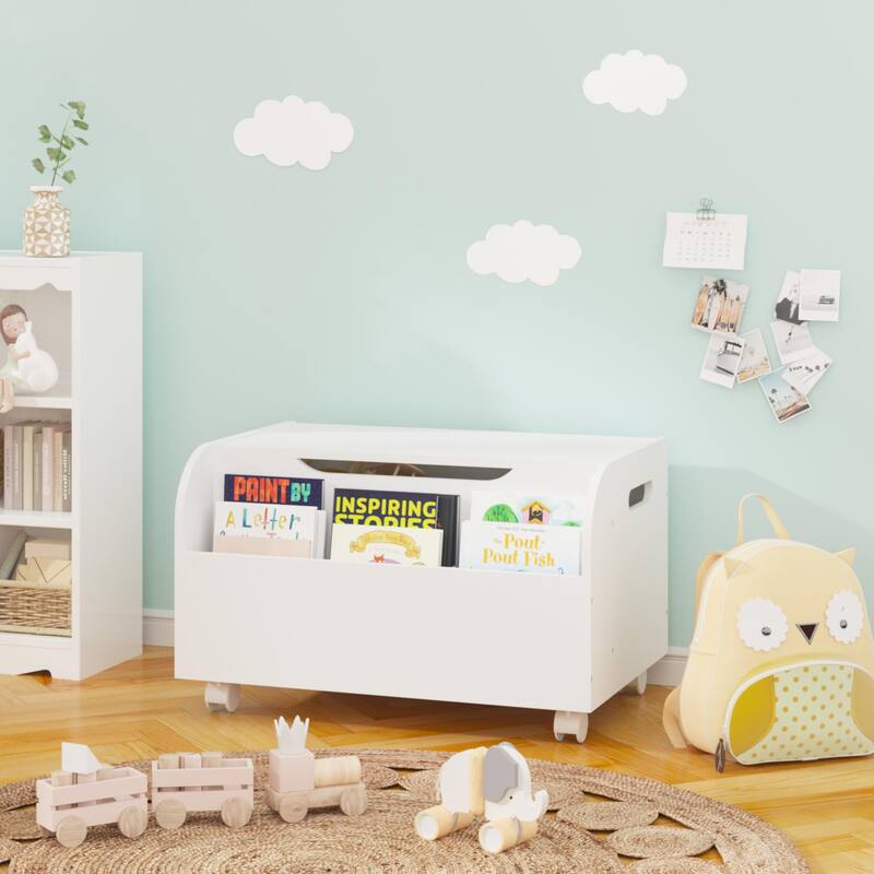 Wooden Toy Box, Kids Toy Storage Organizer with Front Bookshelf, Flip-Top Lid, Safety Hinge, Boys Girls Toy Chest Bench