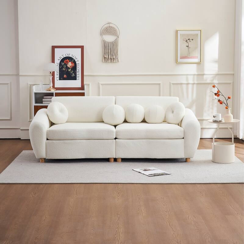 Modern Tufted Chenille Loveseat, Futon Sectional Love Seat Couch, Upholstered Sofa with 2 Pillows & 3 Lumbar Pillows - White