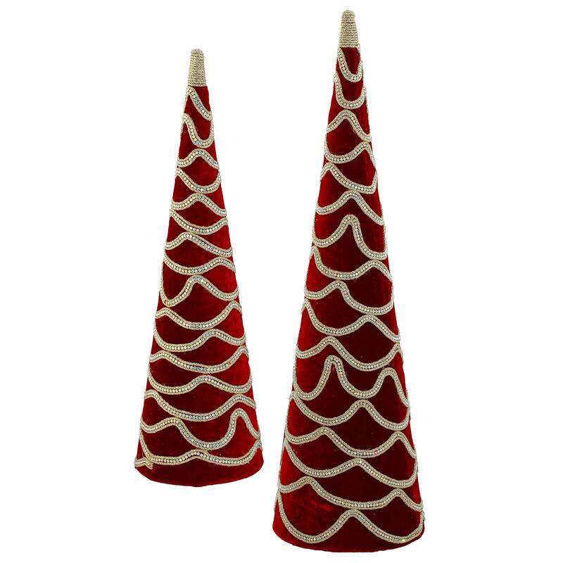 18-24" Velvet With Jewel Cone Tree Set of 2
