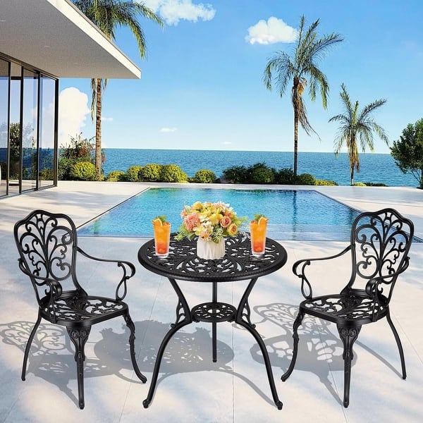 bistro table patio umbrella 3 Piece Outdoor Set, Round Cast Aluminum Bistro with Umbr Nuu Garden transport and store away Dextrus 35.6in Outdoor Patio Table,