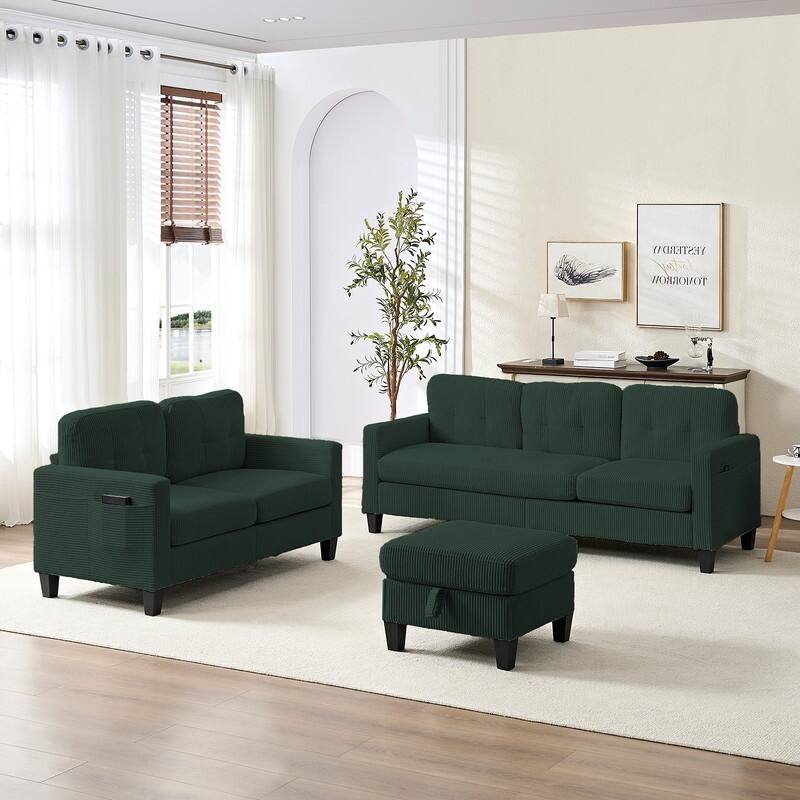 Mixoy 76'' L-Shaped Sofa Set,Corduroy Sectional Sofa,Mid Century 3-Seater Sofa with Storage Ottoman/Loveseat/Single Sofa