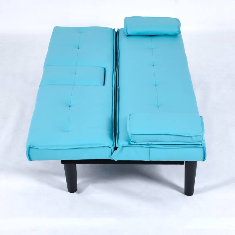 Convertible Loveseat Couch Adjustable Faux Leather Sleeper Sofa Bed with Coffee Table, Cup Holders and Removable Pillow Armrests