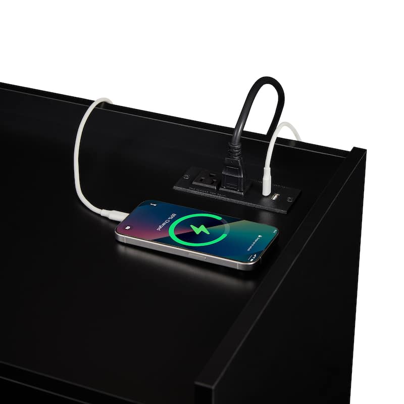 Roomfitters Modern TV Stand with 4 Drawers, Tempered Glass, Charging Ports and Ambient Lighting, Ample Storage