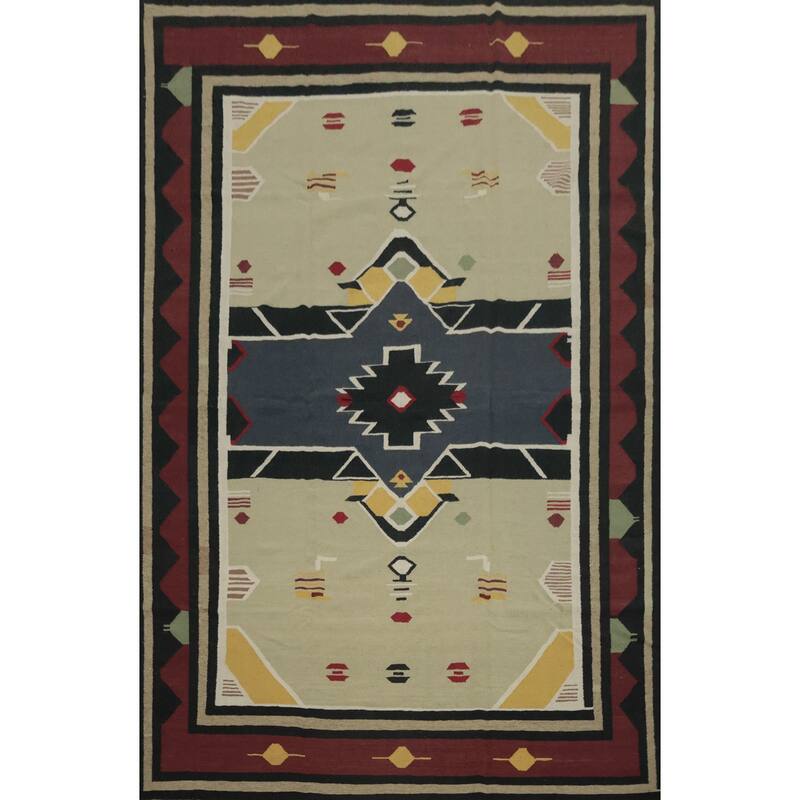 Hand Woven Oriental 100% Wool Carpet Southwestern Tribal Green Kilim Area Rug - 13' 4'' X 9' 7''