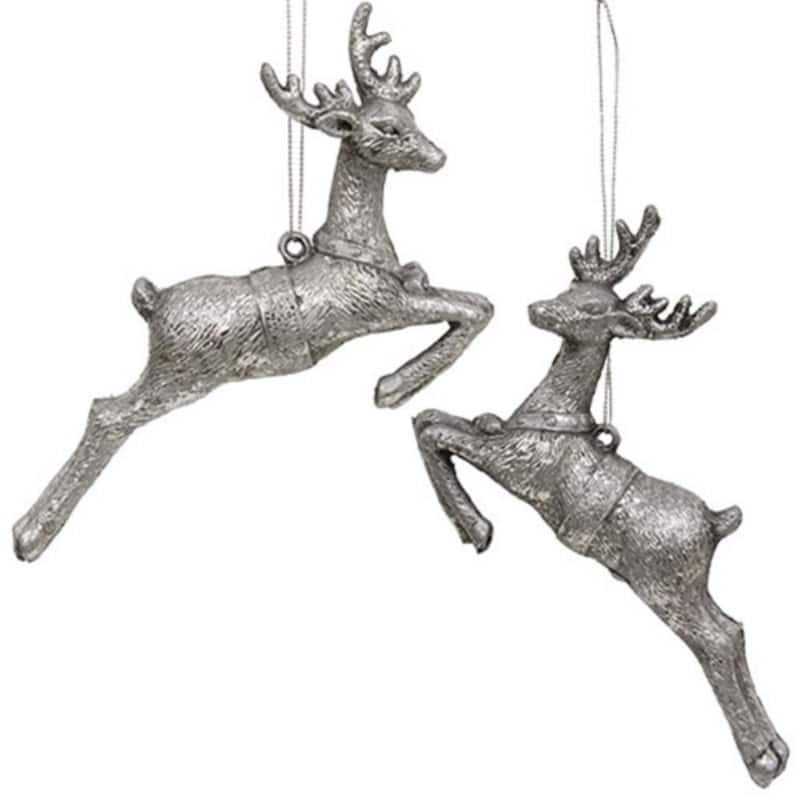 Antiqued Silver Vintage Reindeer Ornaments Leaping Reindeer 2 Asstd. - 4.5” high by 6.5” wide by 1.25” deep - Grey