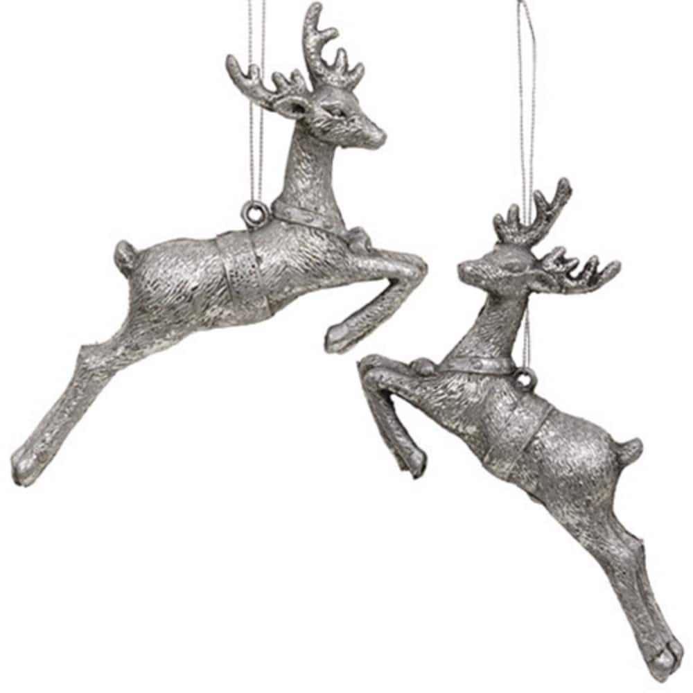 Antiqued Silver Vintage Reindeer Ornaments Leaping Reindeer 2 Asstd. - 4.5” high by 6.5” wide by 1.25” deep