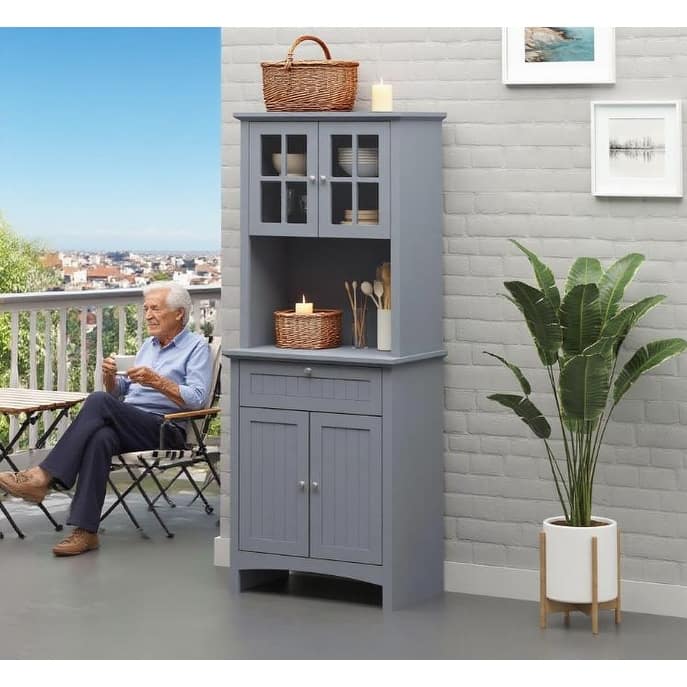 Freestanding 4-Door Pantry 64.5"Tall Wood Storage Cabinet with Open Countertop and Drawers, Kitchen Cupboard with Shelves