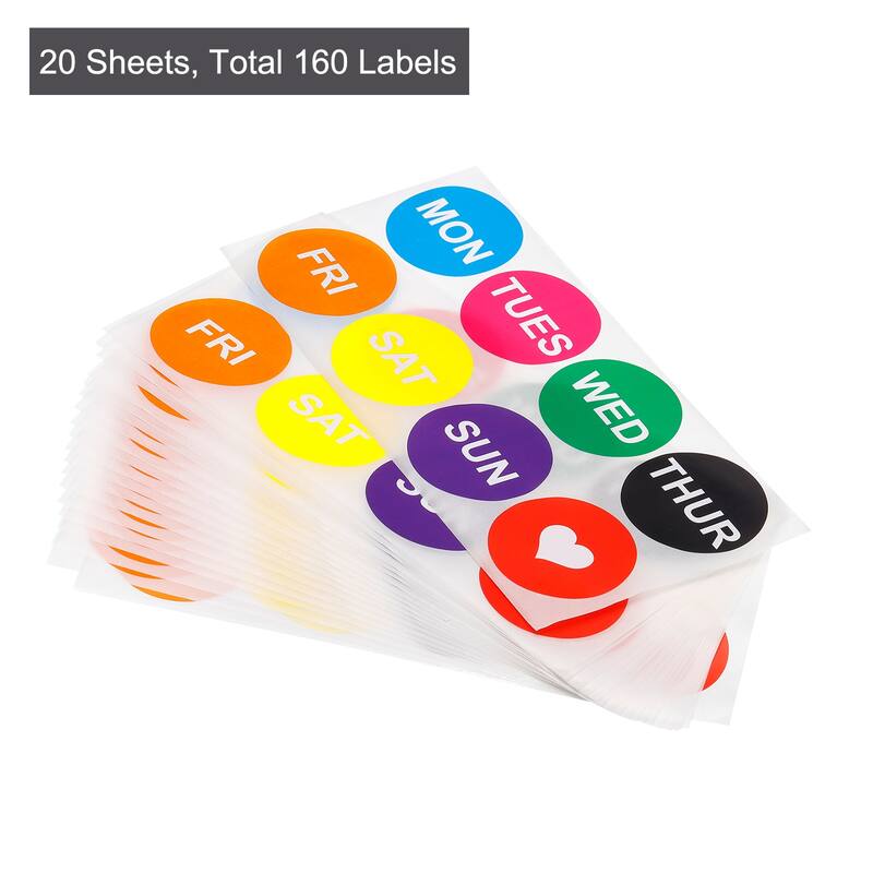7 Days of the Week Labels Color Coding Sticker Round 50mm with a Heart