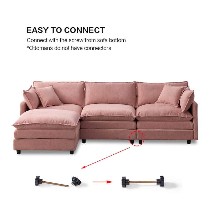 Chenille Upholstered L-shaped Sectional Sofa 3 Seater Modular Couch with Ottoman, Pillows and Double Layer Seat Cushions