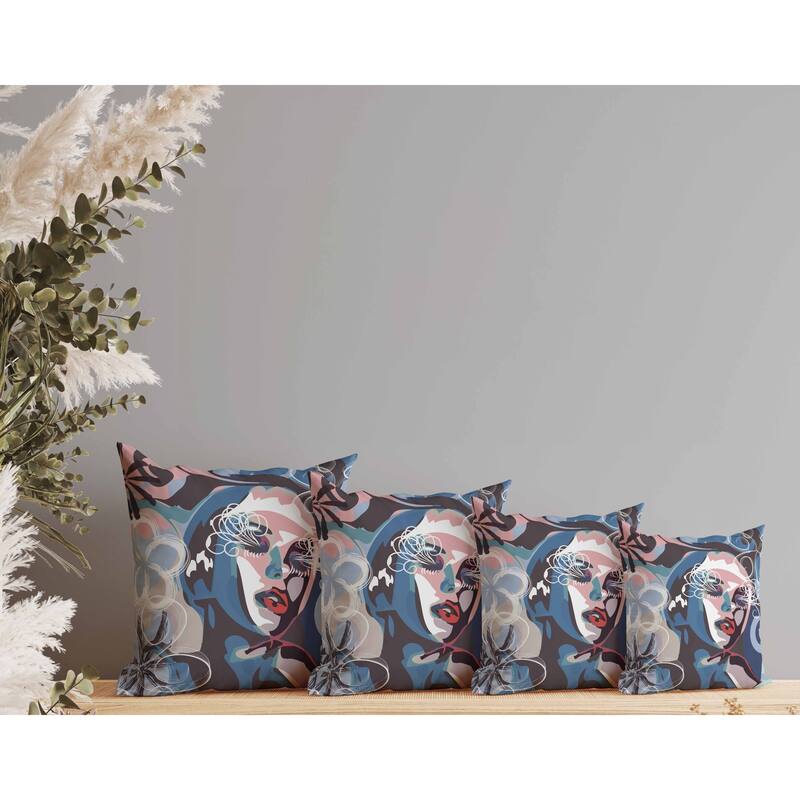 Face Pop Art Indoor/Outdoor Reversible Throw Pillow Blue and Pink