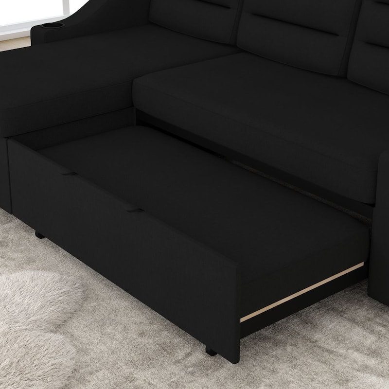 Convertible Sofa Bed Polyester Pullout Bed with Storage Recliner and Cup Holder
