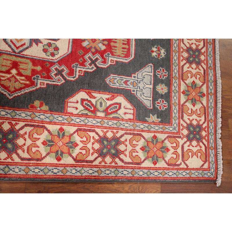 Geometric Kazak Oriental Accent Rug Handmade Grey Wool Carpet - 3'1" x 5'1"