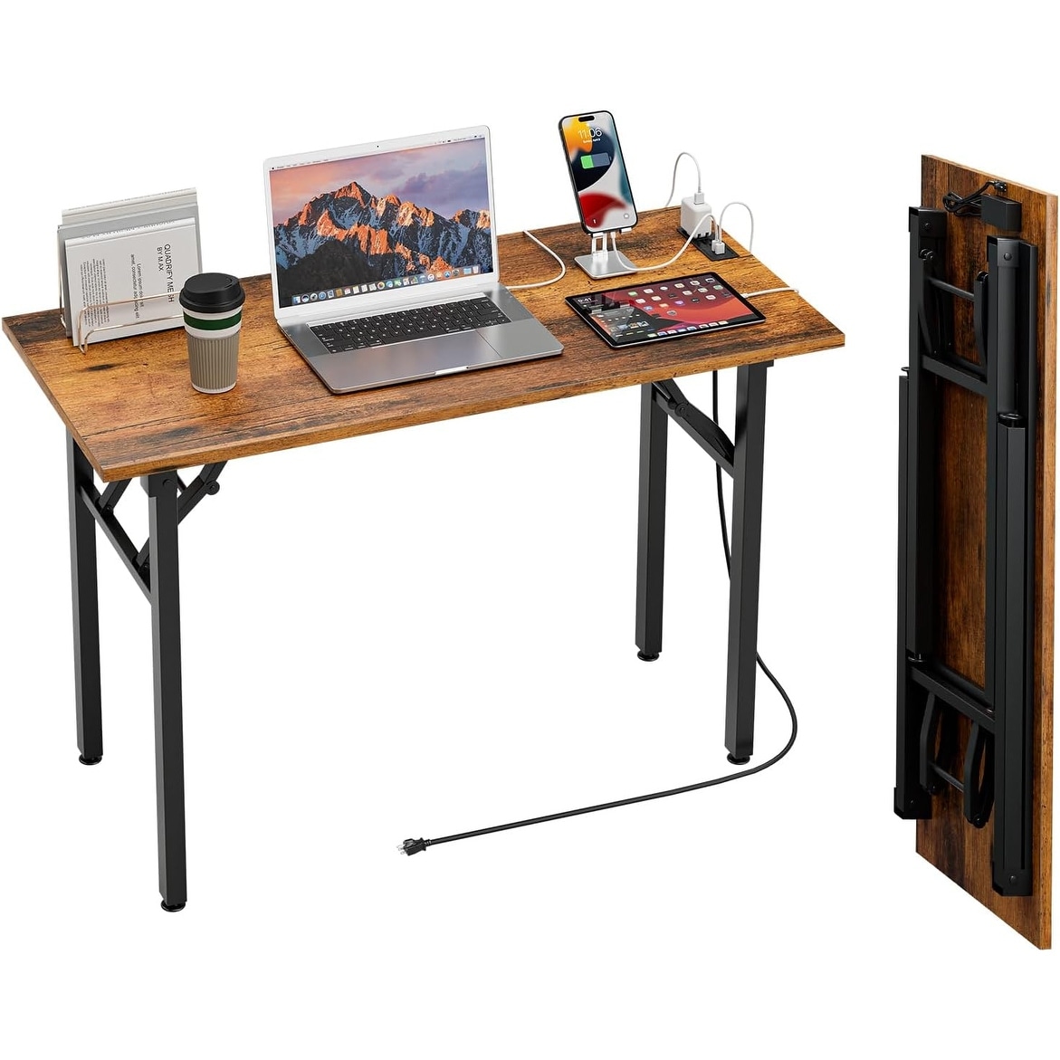 Compact Folding Computer Desk with Power Outlets & USB Ports, Space-Saving Design for Small Spaces, No Assembly Required