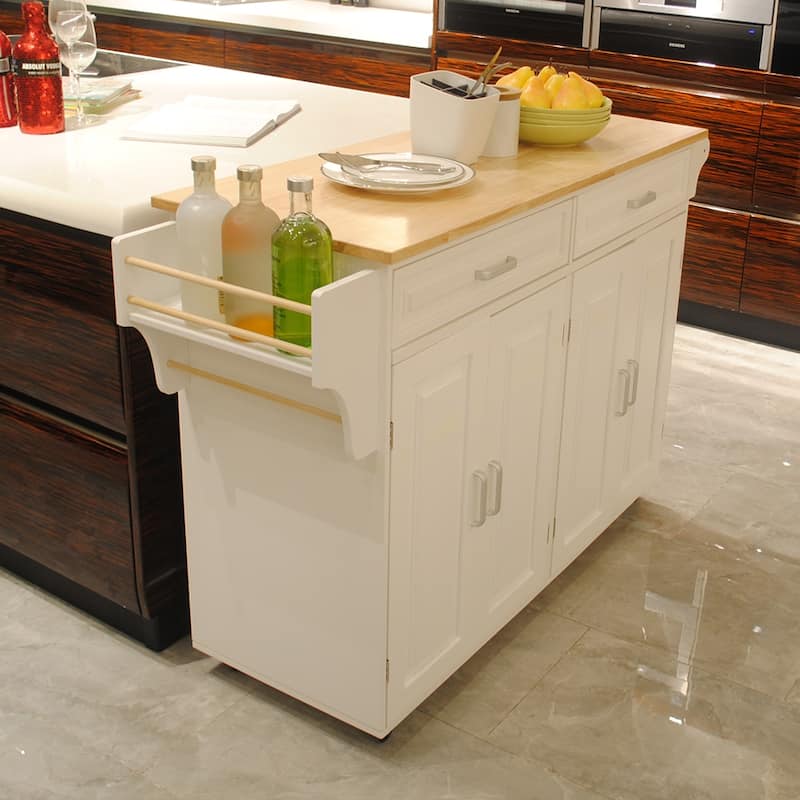 Kitchen Island & Kitchen Cart,Rubber Wood Top, Big & Adjustable Shelf Inside Cabinet