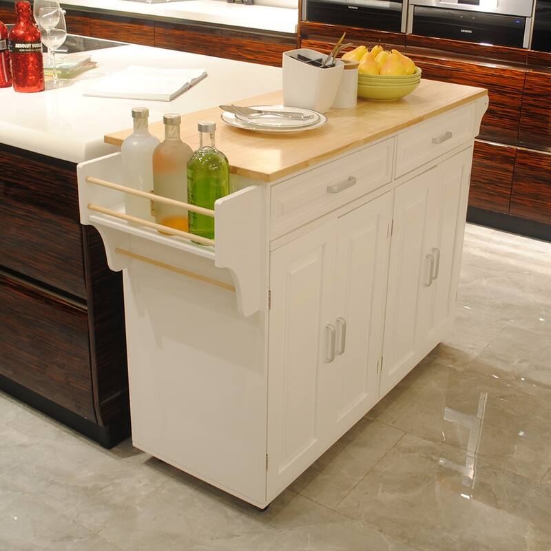 Mobile Kitchen Island with Large Storage, Rubber Wood Top, and Spice Rack