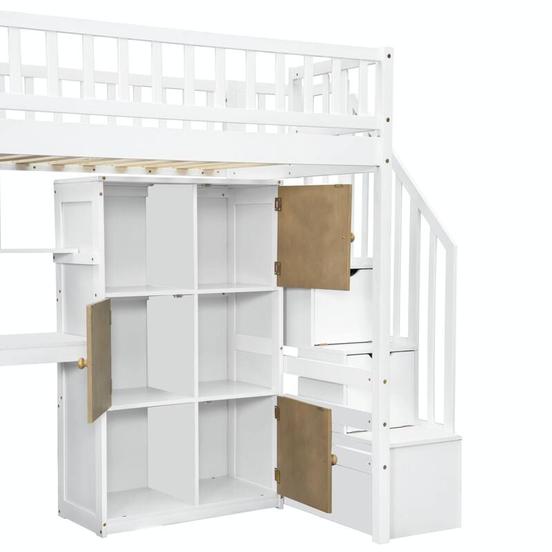 Wooden Twin Loft Bed with Built-in Desk, LED Lights, Storage Shelves, Cabinets & Staircase
