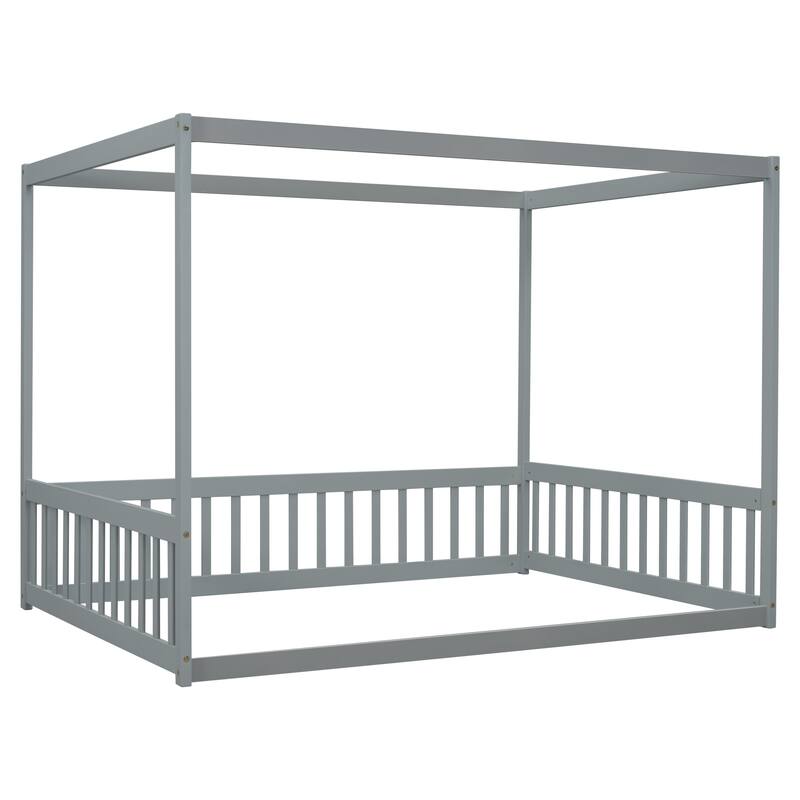 Canopy Frame Floor Bed with Fence and Guardrails