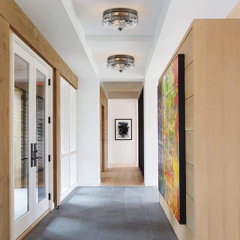 Zarbel Modern Farmhouse Drum 3-Light Rustic Faux Wood Accent Flush Mount Ceiling Light with Water-Rippled Glass Shade