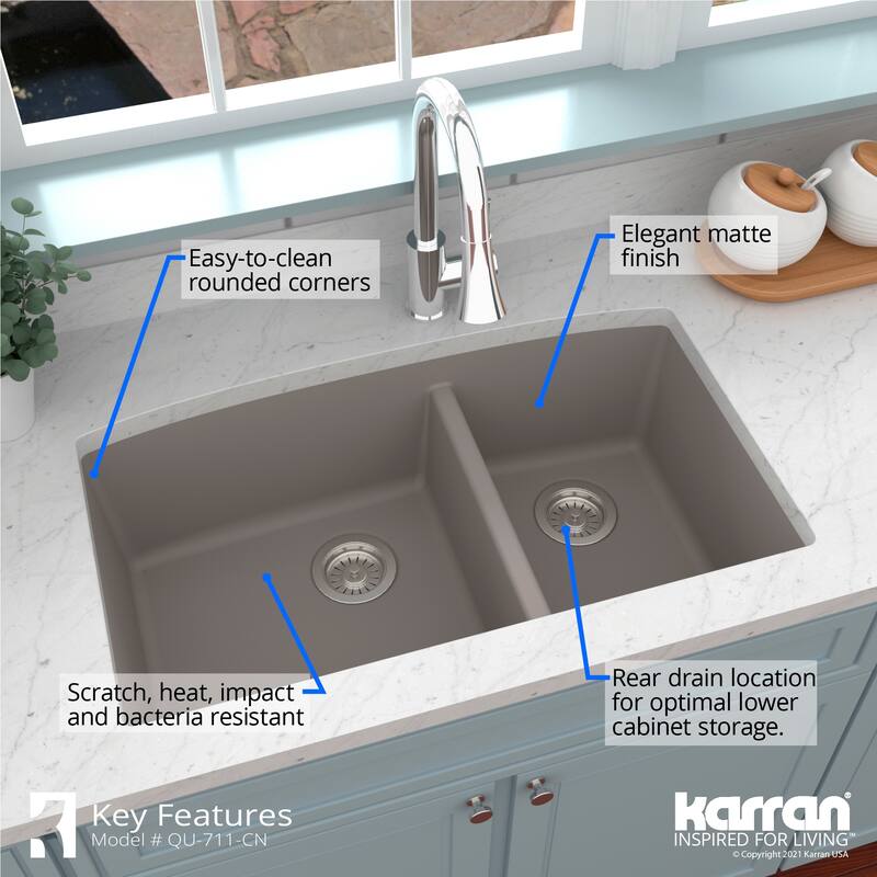 Karran Undermount Quartz 32 in. 60/40 Double Bowl Kitchen Sink Kit
