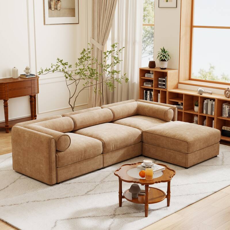 Modern Chenille 6-Seater Sofa with Ottoman Storage, Hidden Storage, Cylindrical Cushioned Arms and Backrest