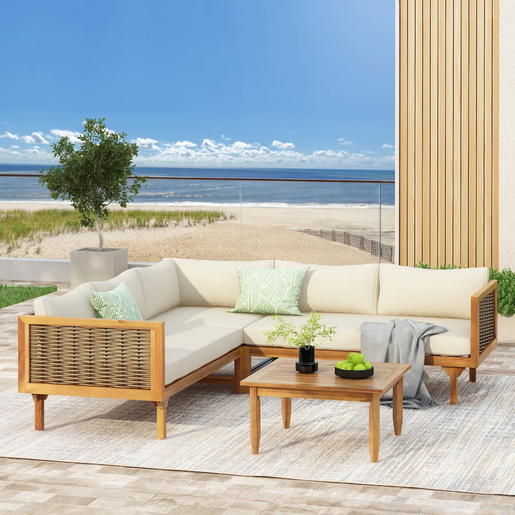 4-Piece Modular Outdoor Sofa Set with Coffee Table and Cushions, Wood Wicker Sectional Sofa