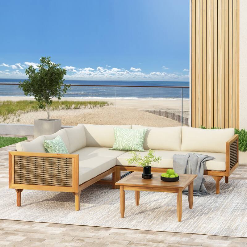 Outdoor Sectional Sofa Set with Waterproof Cushions Acacia Wood Frame