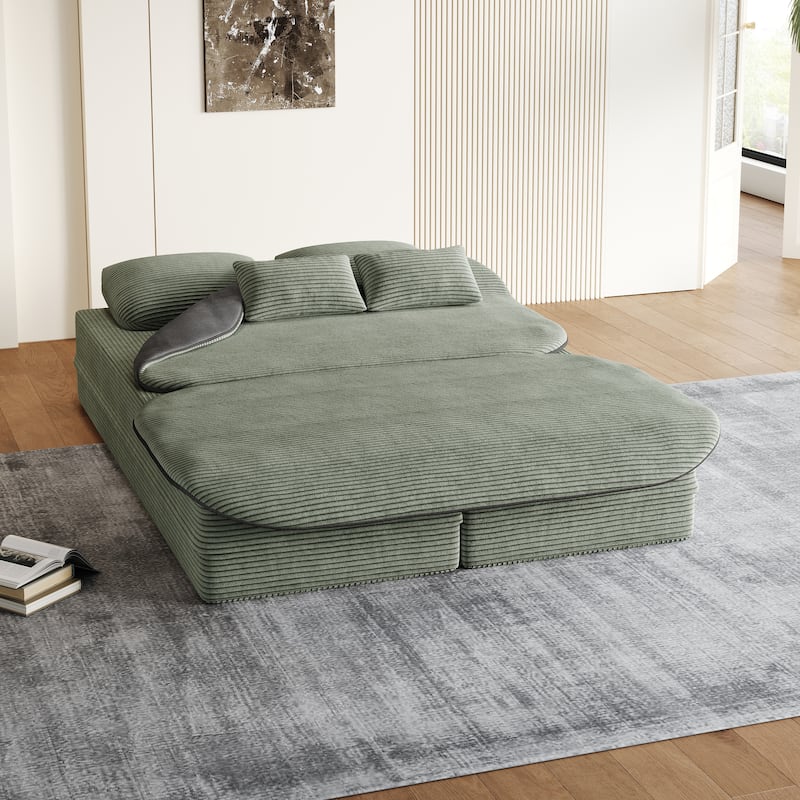 GDFStudio - Lysander Corduroy Foldable Sleeper Sofa Bed with Multi Functional Blanket