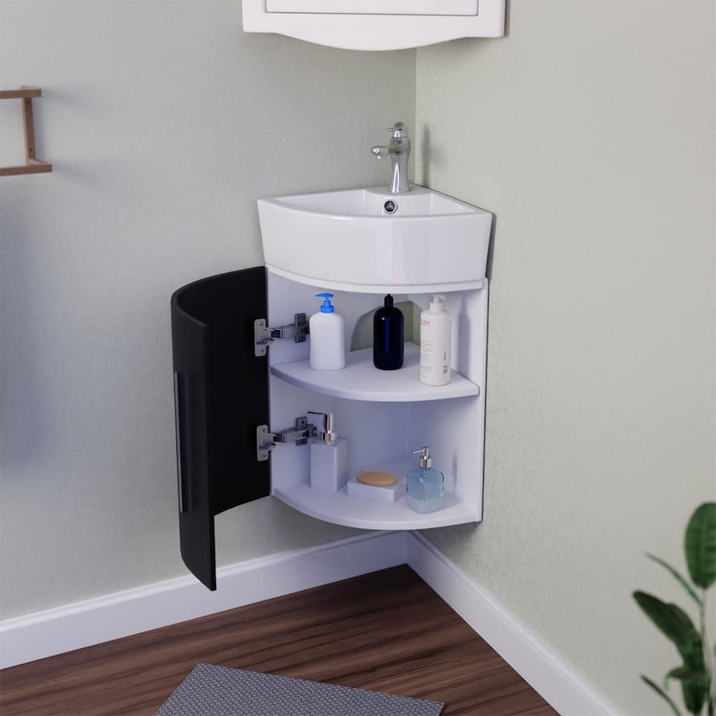 Corner Vanity Sink Myrtle 16.5" White Porcelain Sink With Black Cabinet, Faucet And Drain Renovators Supply
