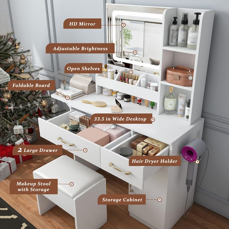Anmytek Vanity Desk with LED Mirror Lights and Power Outlet - 3 Drawers, 7 Shelves and Storage Stool