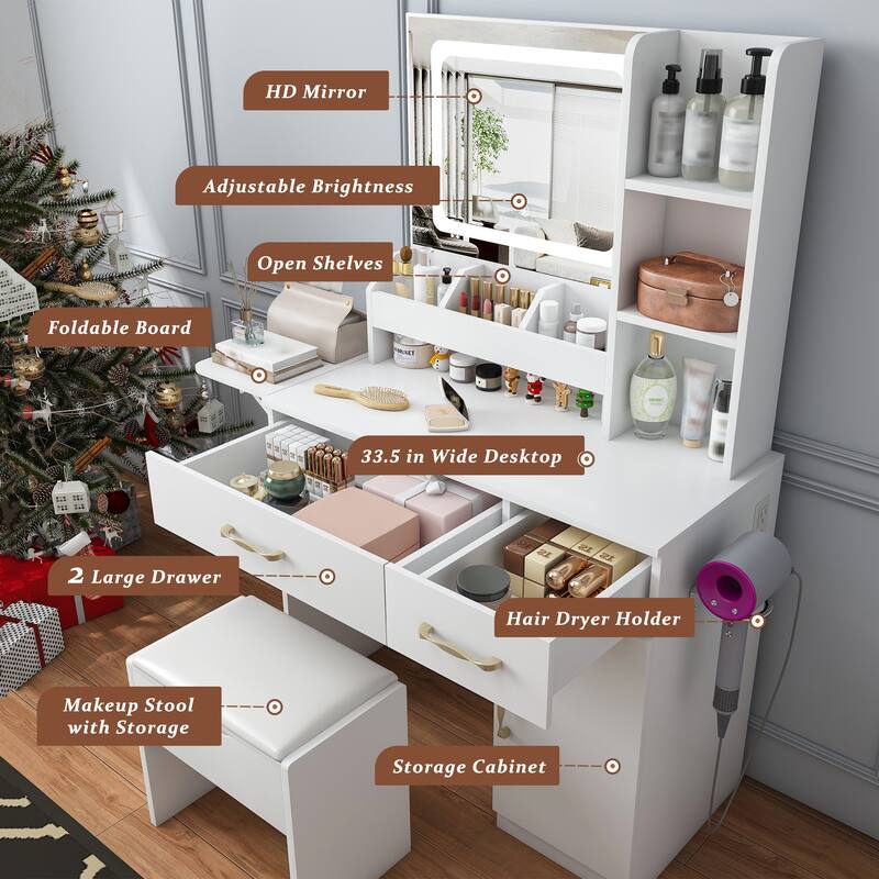 Roomfitters Makeup Vanity Desk with Charging Station, Lighted Mirror & Storage Stool, Expandable Table, White