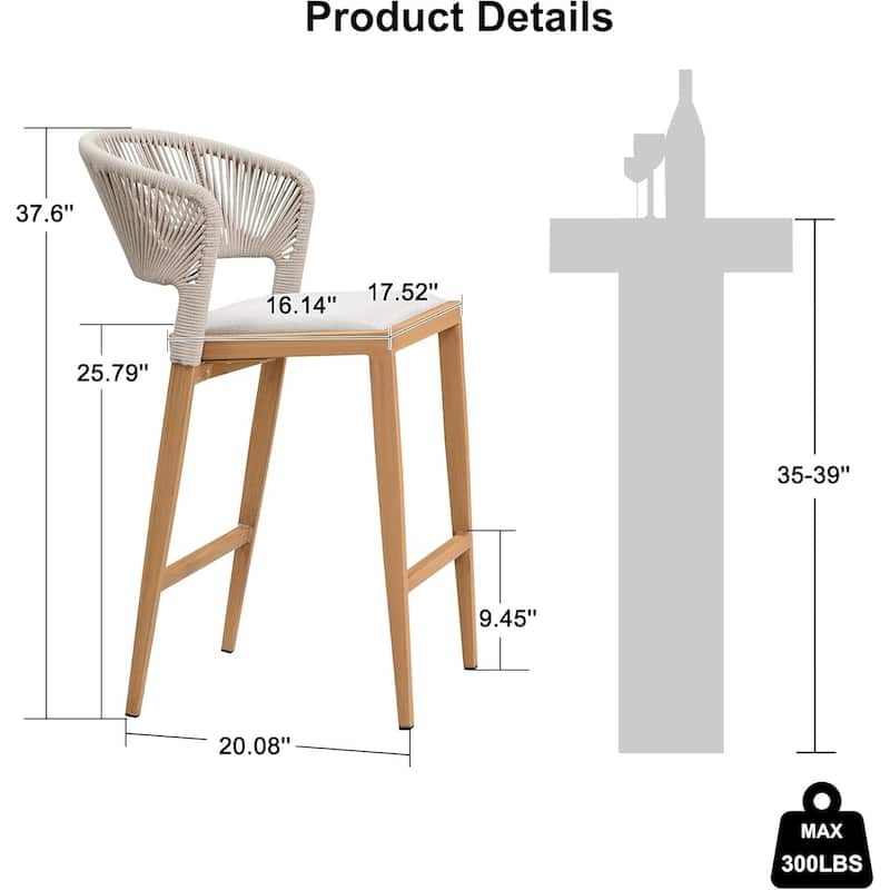 PURPLE LEAF Bar Stool Set of 2 Outdoor Rattan Bar Chair with Back Metal Bar Height Stool Wicker Barstool Dark Grey - N/A