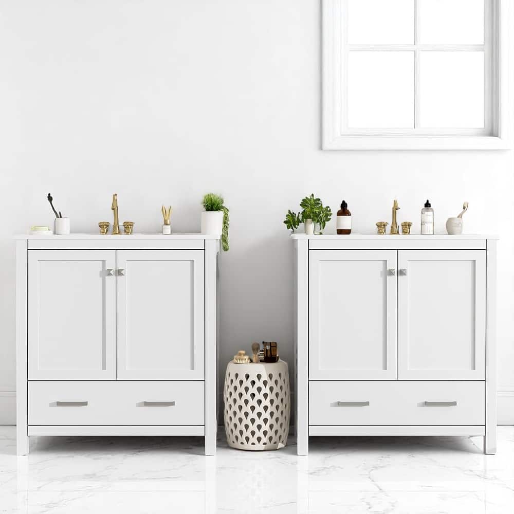 60 Inch Bathroom Vanity with Double Ceramic Sinks, Freestanding Cabinet with Ample Storage and Soft Closing Doors