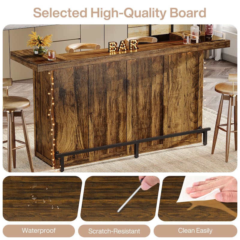 4-Tier Wooden Bar Table, 70.9" Large Home Bar Unit with Storage Shelves for Home, Patio, Basement