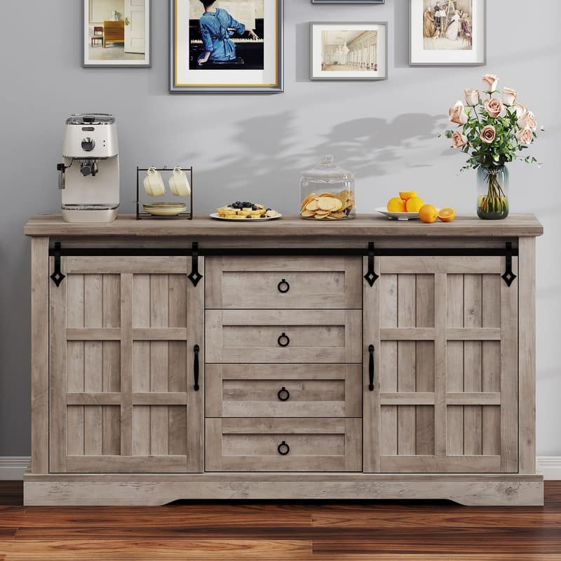 Farmhouse Sideboard Buffet Cabinet with Storage-Sliding Barn Doors and 4 Drawers