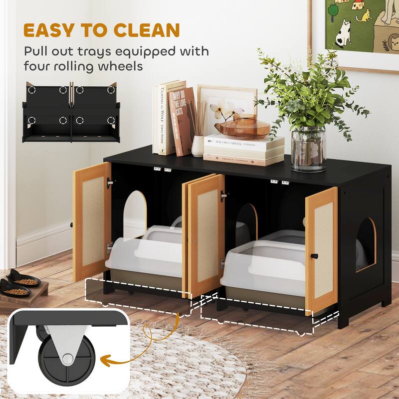 PawHut Double Cat Litter Box Enclosure, Hidden Litter Box Furniture for 2 Cats, Large Cat Box Furniture Side Table, Black