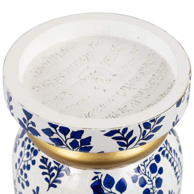 Floral Wooden Candle Holder - 6" - White and Blue
