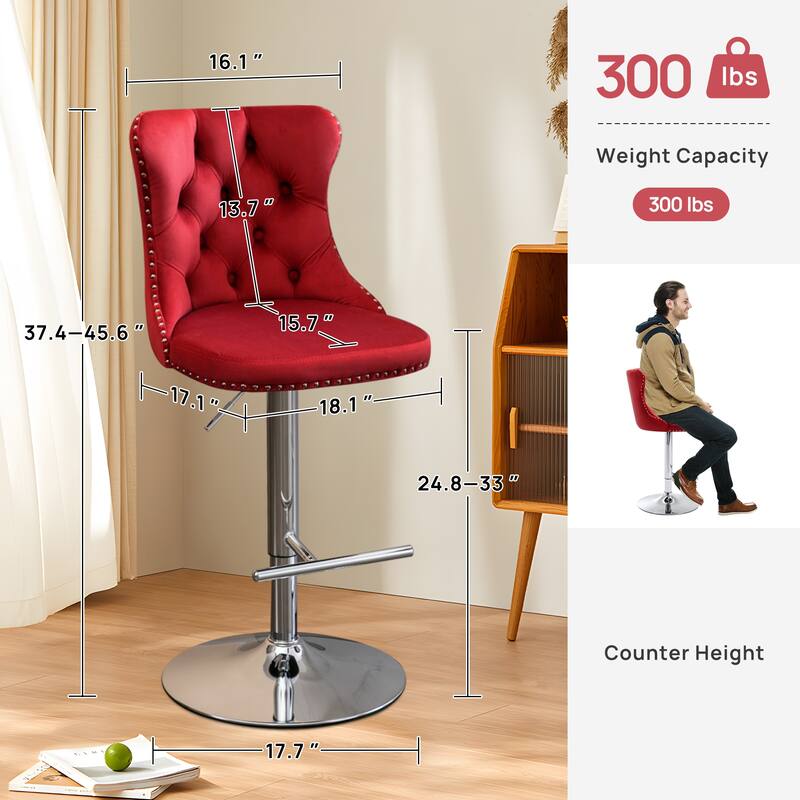 Velvet Adjustable Swivel Counter Height Barstools Set of 6