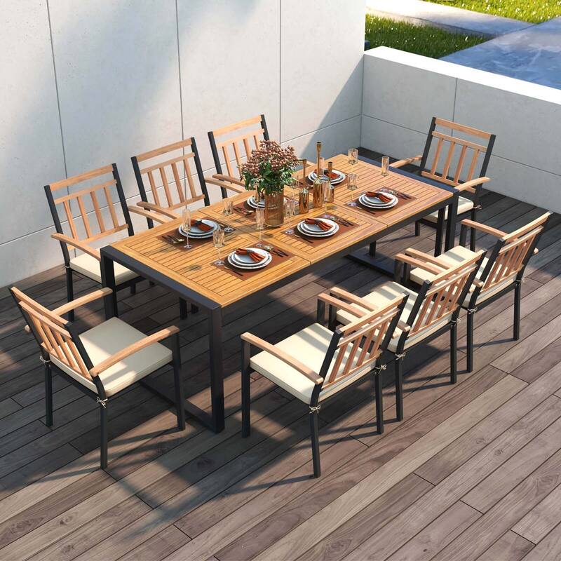 Costway 9 Pieces Patio Dining Set with Soft Cushions and 1.9" Umbrella - See Details - Natural + Black