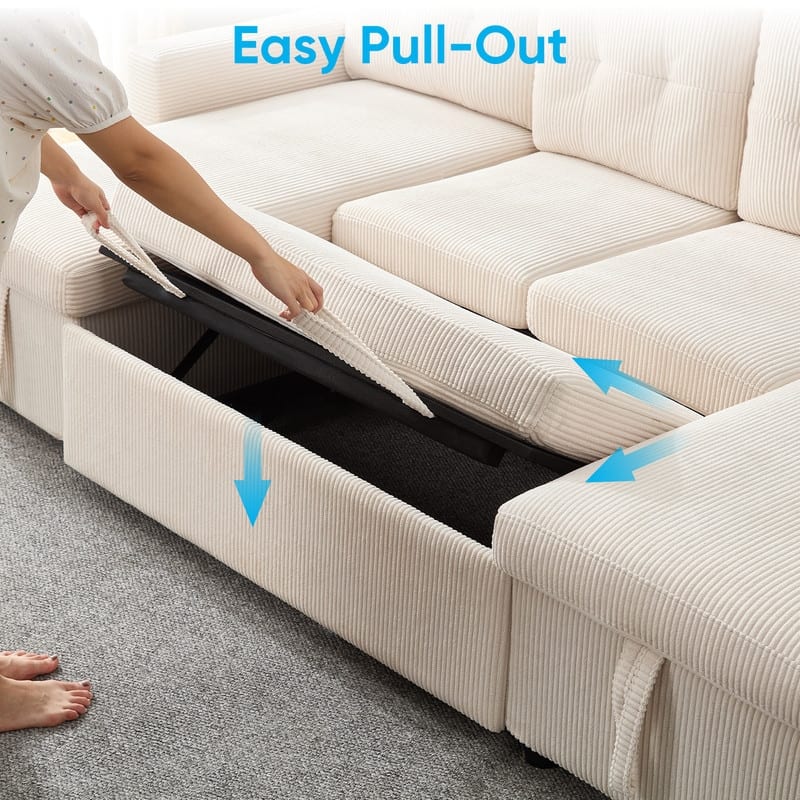 W103" Corduroy 4-Seater Modular Sleeper Sofa Bed with Storage Chaise,U-shaped Sofa with Pull-out Bed