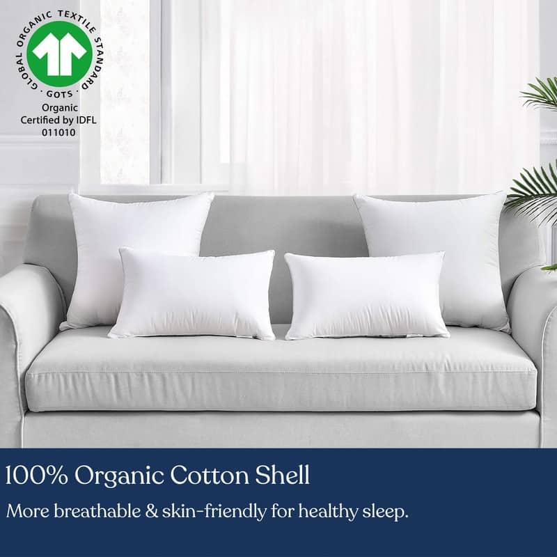 Delara Premium Organic Cotton Pillow Insert, 100% White Duck Feather Filling, Set of 2